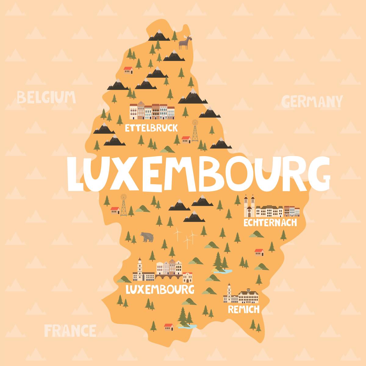 Illustrated Map of Luxembourg with Cities, Landmarks and Nature