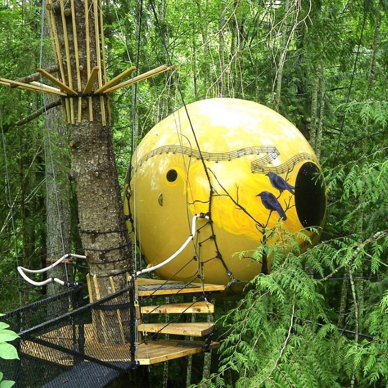 Sleep Among the Trees in a Floating Sphere at Free Spirit Spheres, BC, Canada