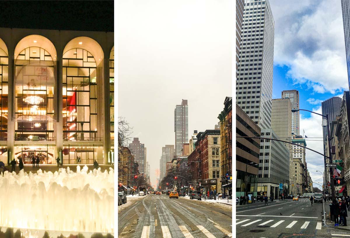 My photos of Manhattan throughout the seasons-snow in winter, city streets and Lincoln Center