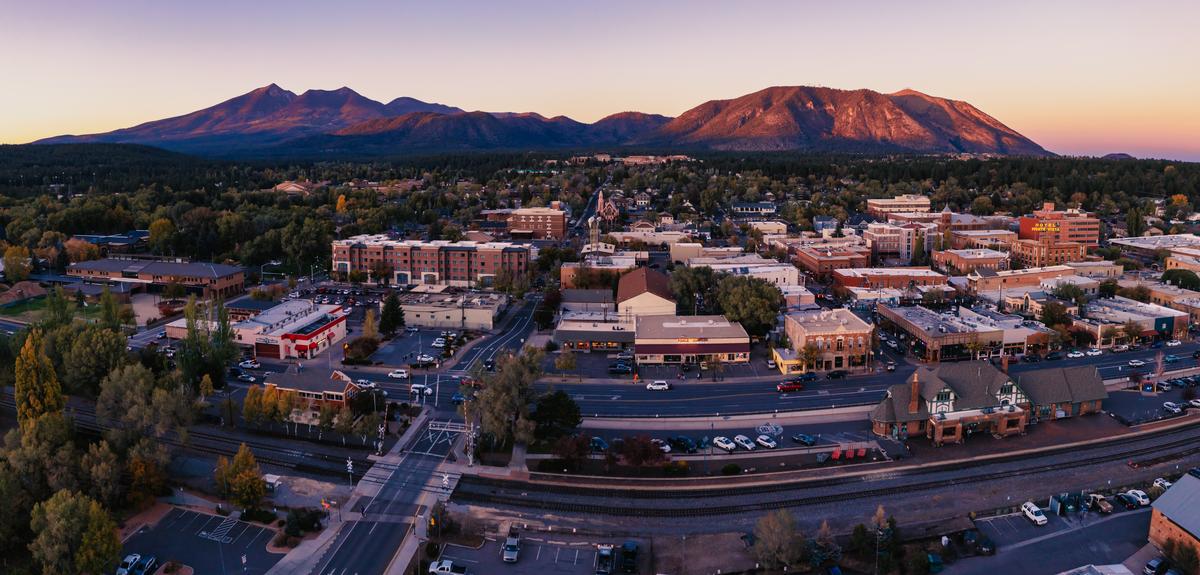 Aerial panorama of Flagstaff Arizona at dusk