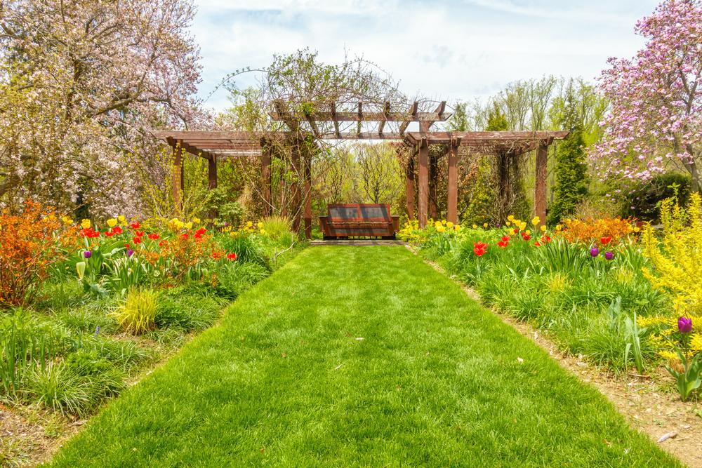 Admire lush landscapes and stroll blooming pathways in spring.