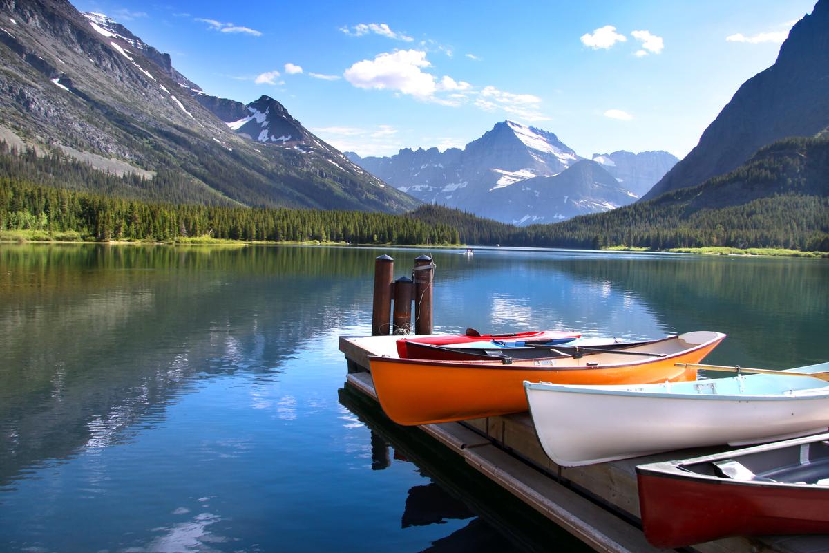 Kayaks on the lake at Glacier National Park