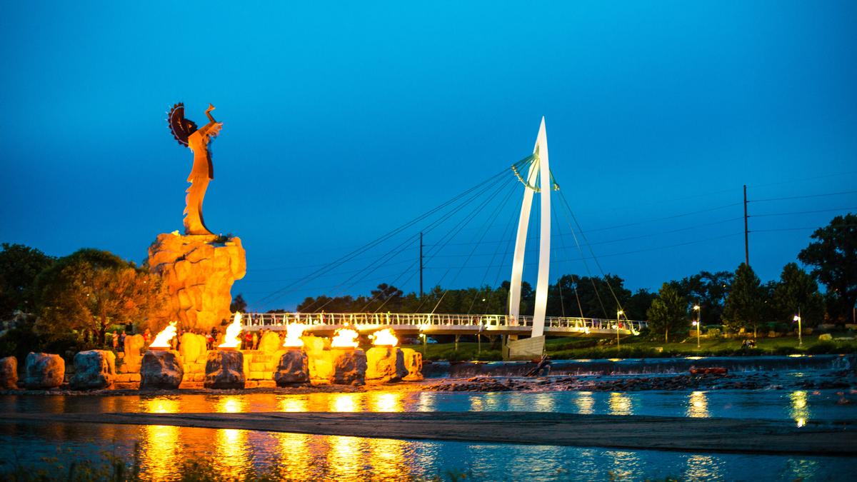 Wichita statue at night