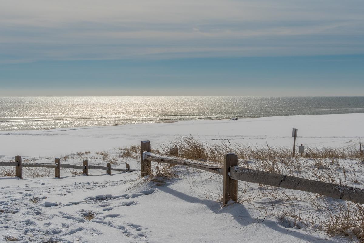 Maryland beach after snowfall