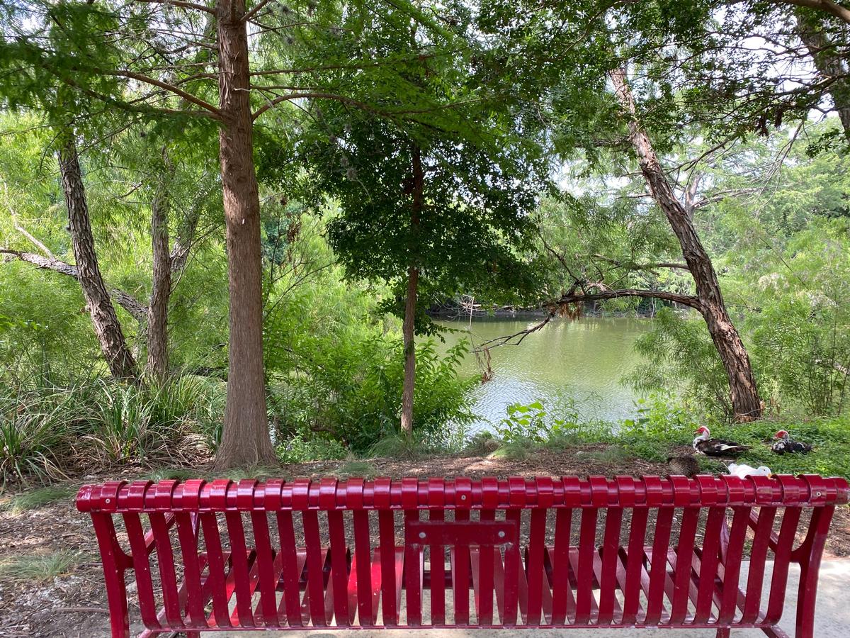 I snapped this photo of a bright red bench overlooking the river close to San Antonio while day tripping with my family