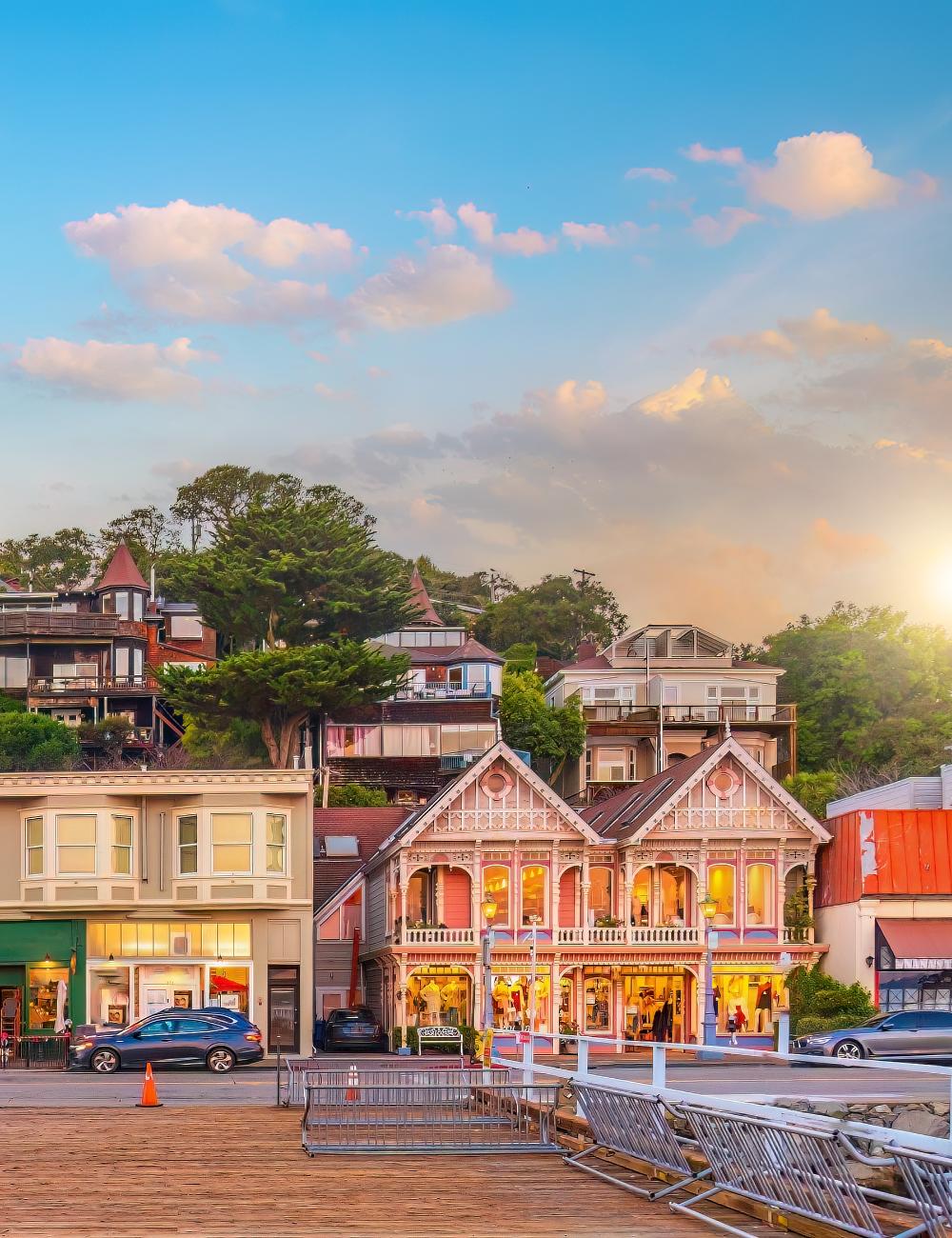 Beautiful sunset in Sausalito, reflected in the charming buildings