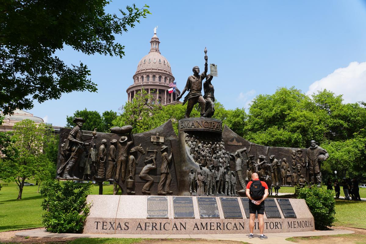 The Texas African American History Memorial overlooking Texas State Capitol building
