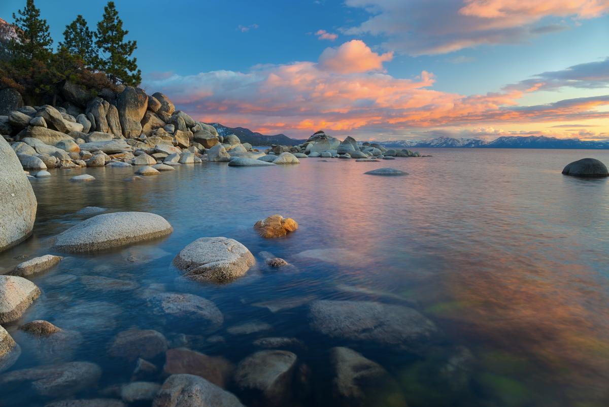 Iconic Lake Tahoe rocks at sunset