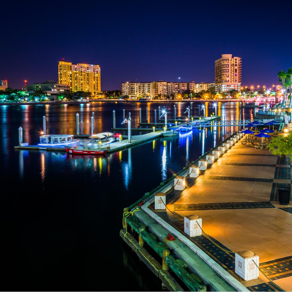 Go for a stroll along the Riverwalk at night in Tampa