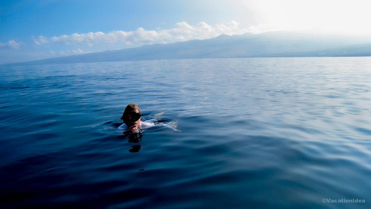 I took this photo of my husband snorkeling at Makaiwa Bay