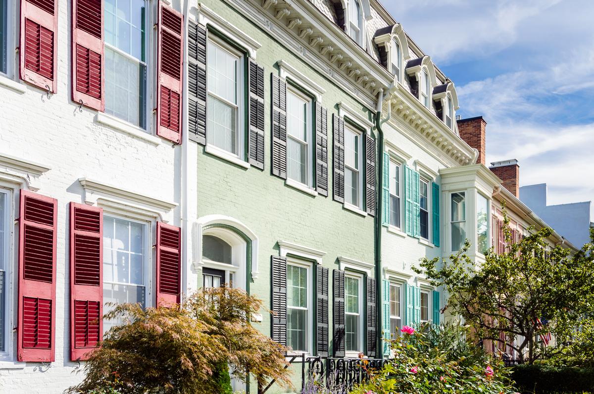 Traditional Brick Terraced Houses with Colourful Shutters in Geneva, NY,