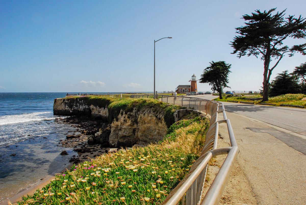 Steamer Lane Santa Cruz California Lighthouse is right by the road. 
