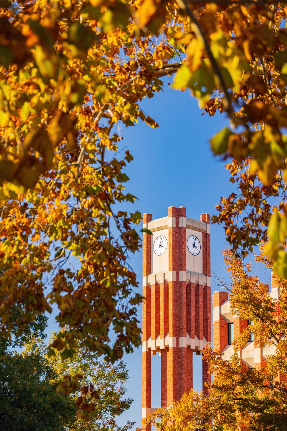 Univeristy of Oklahoma clock tower during fall foliage