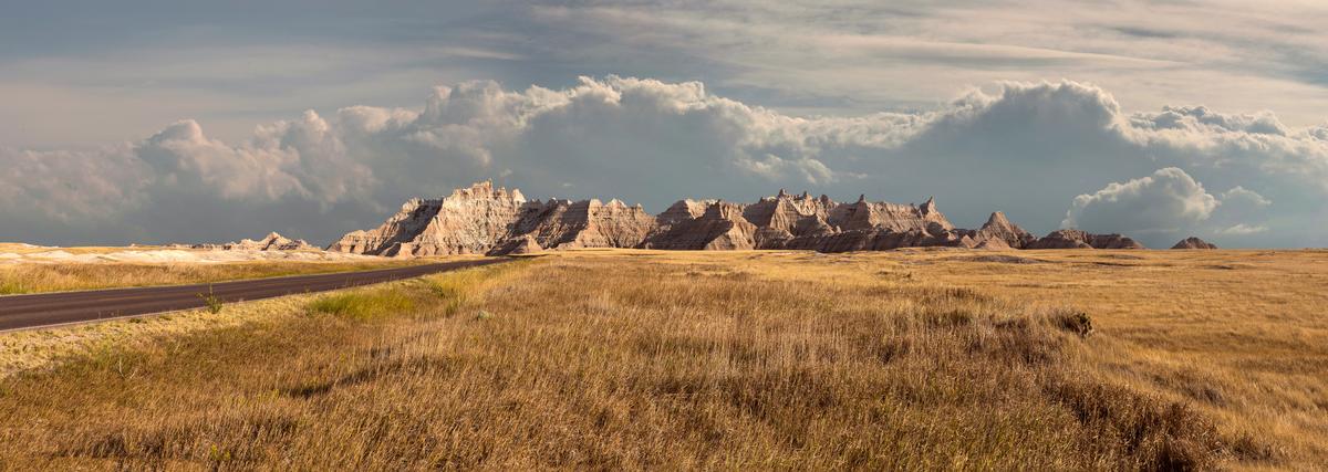 Badlands National Park with dramatic clouds