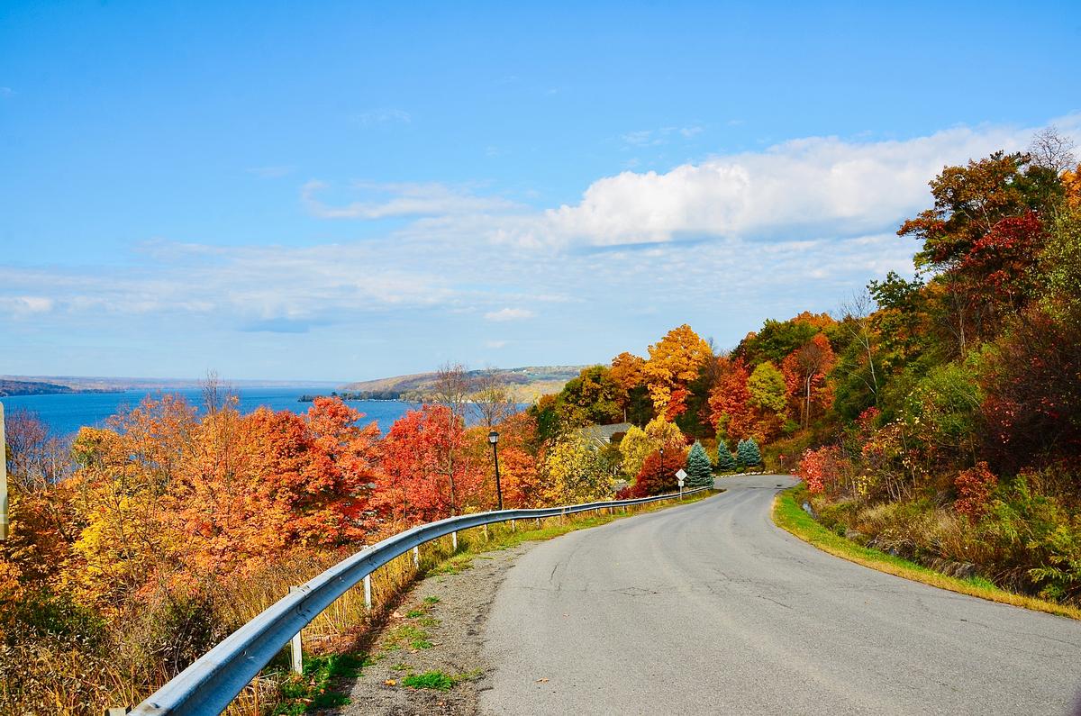 Driving along Cayuga Lake, one of Finger Lakes in New York
