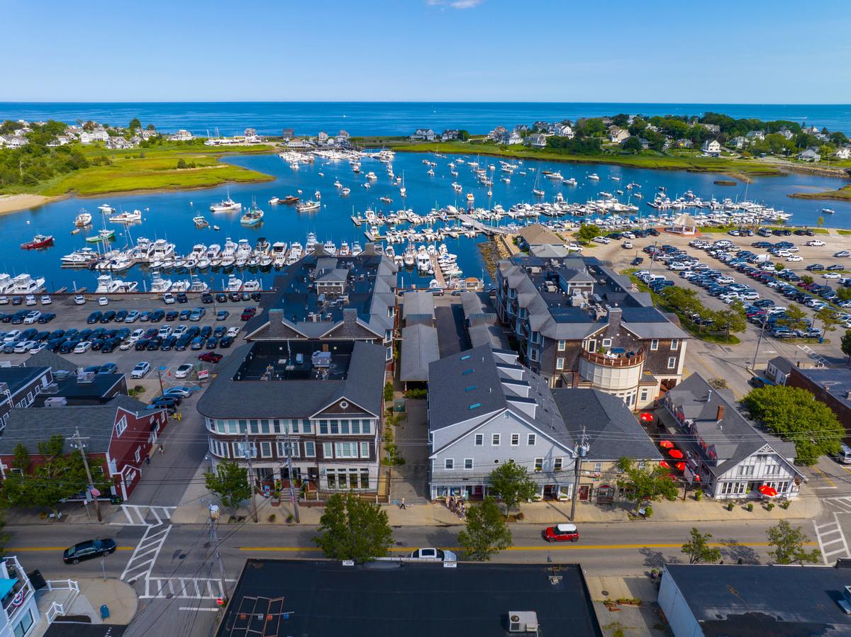Scituate Harbor, waterfront marina and Front Street in town of Scituate