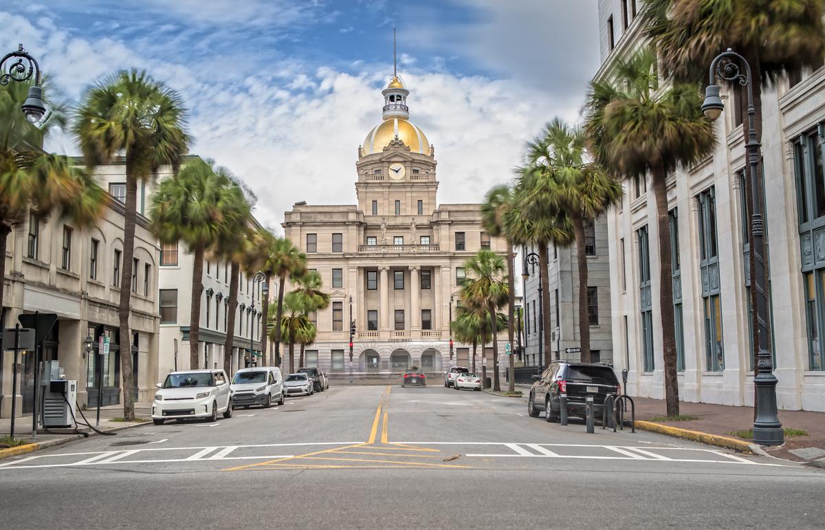 Walking on the street in front of City Hall in Savannah