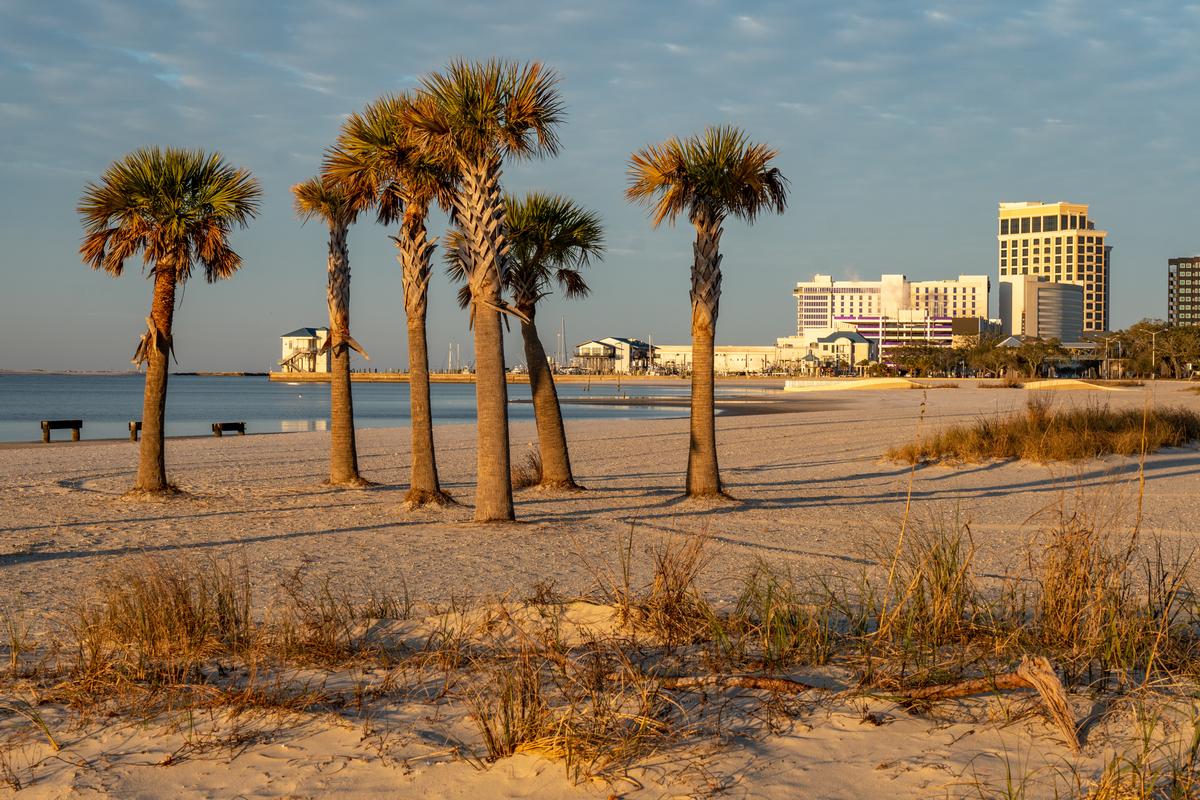 Hotels, casino, marinas and palm trees along the sandy Gulf Coast, Biloxi