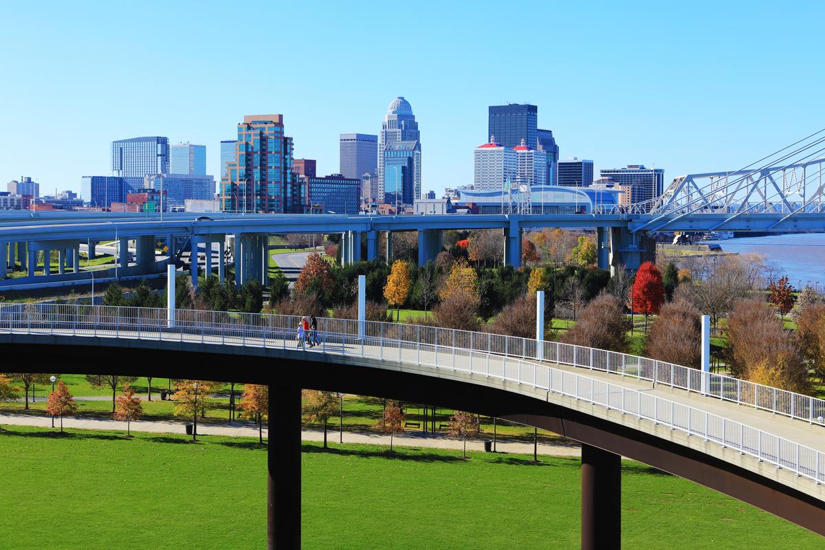 Louisville, Kentucky skyline with a pedestrian walkway