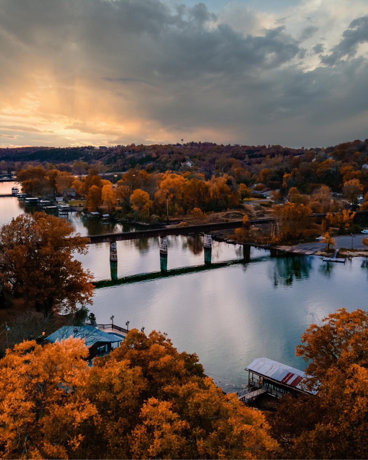Rail road track bridge over lake Taneycomo in Branson, Missouri
