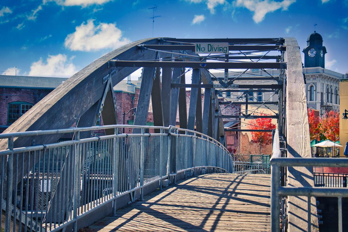 Crossing pedestrian bridge in Petaluma, CA