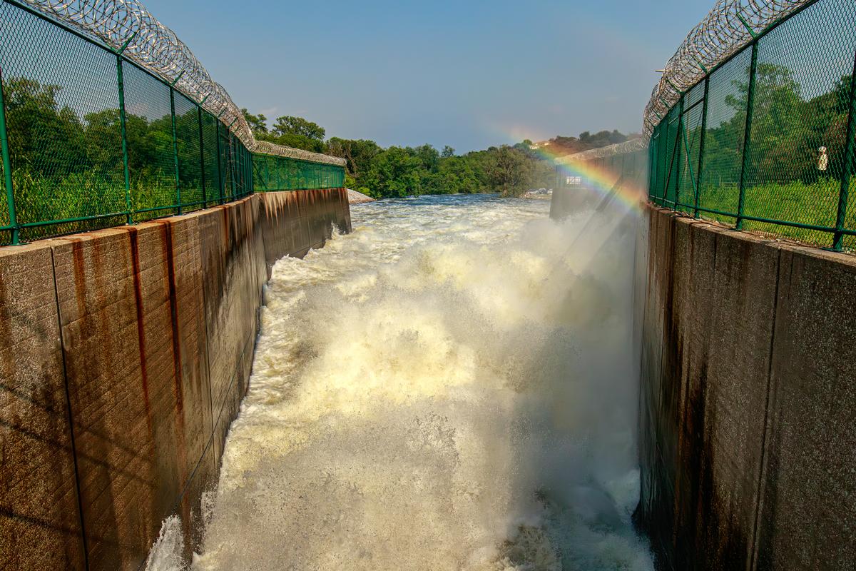 Rainbow over a Powerful water discharge from the Belton Lake Reservoir spillway
