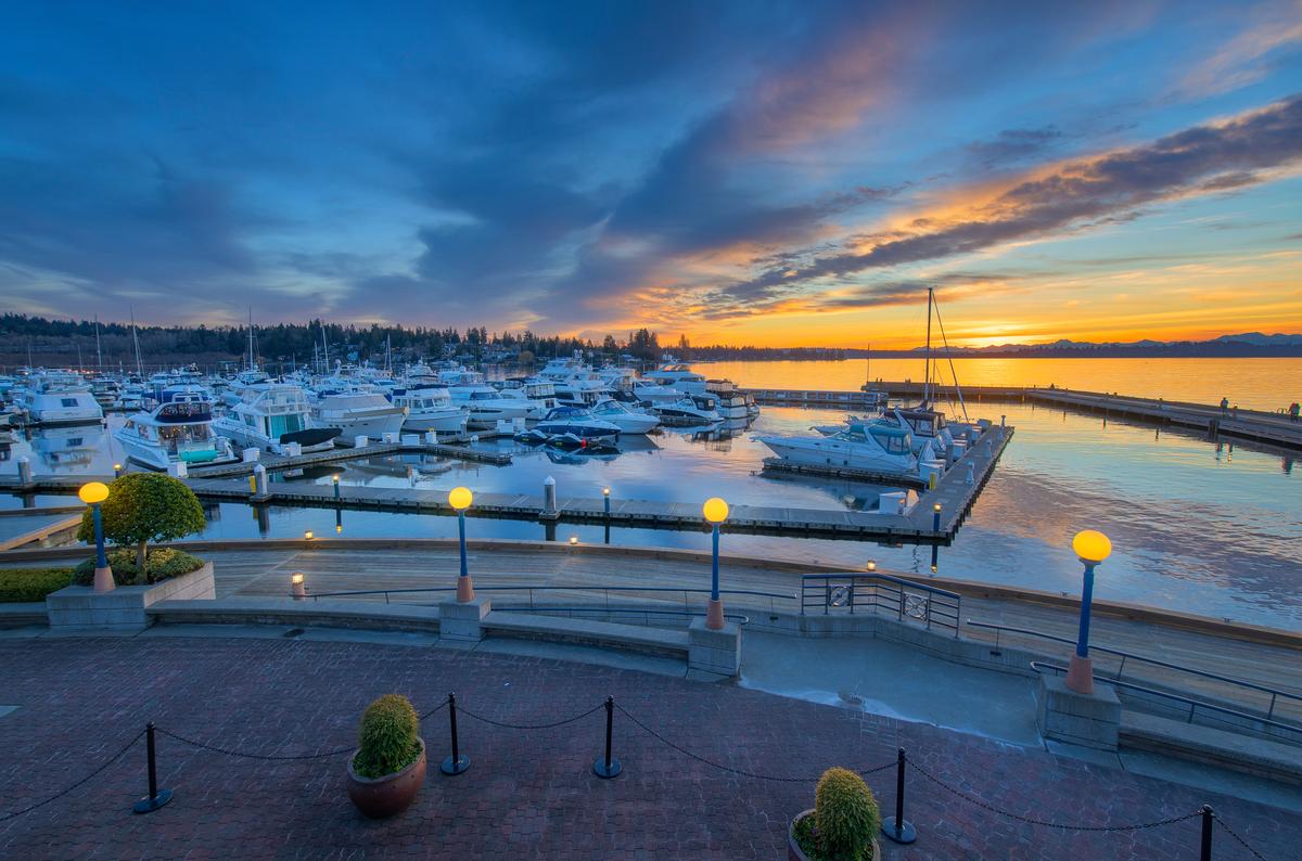 Sunset over Yarrow Bay in Kirkland, Washington