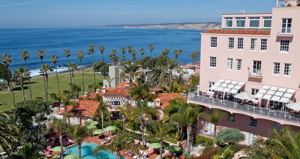 Pool and ocean view at La Valencia Hotel