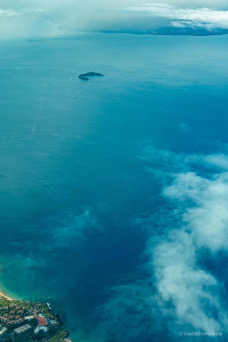 My photo of the Molokini Crater while we were flying over it, a famous snorkeling site