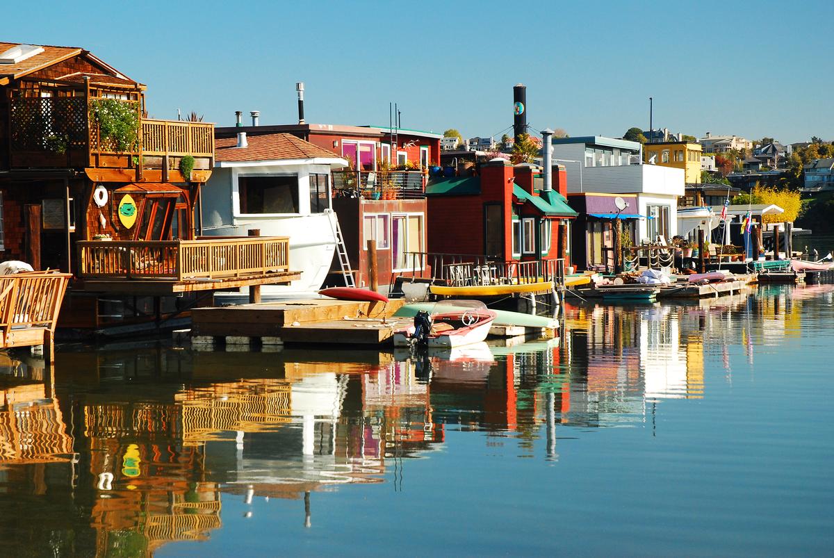 Houseboats of Sausalito reflected in the water