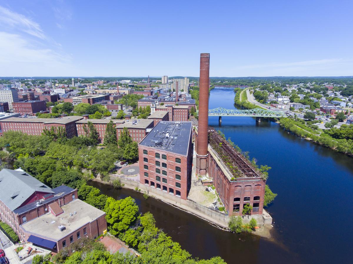 Lowell historic downtown, Marrimack River and Mills