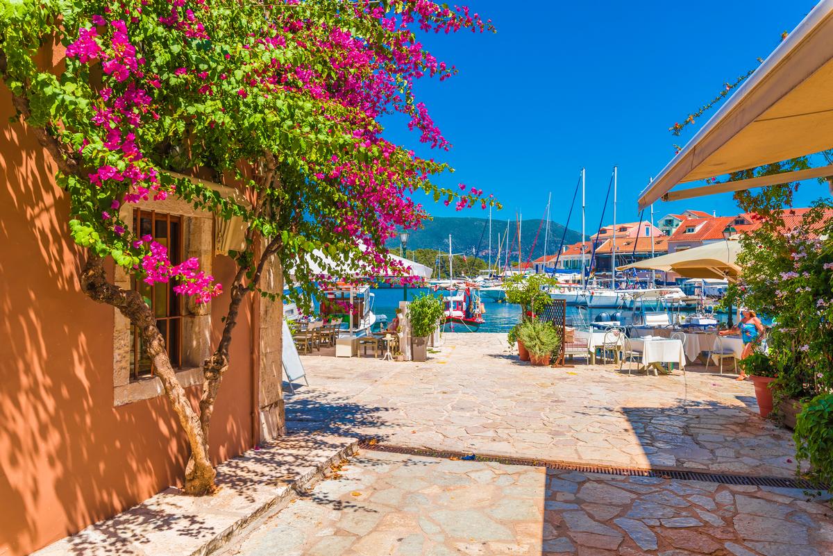 Fiskardo village and harbor on Kefalonia Ionian island, Greece