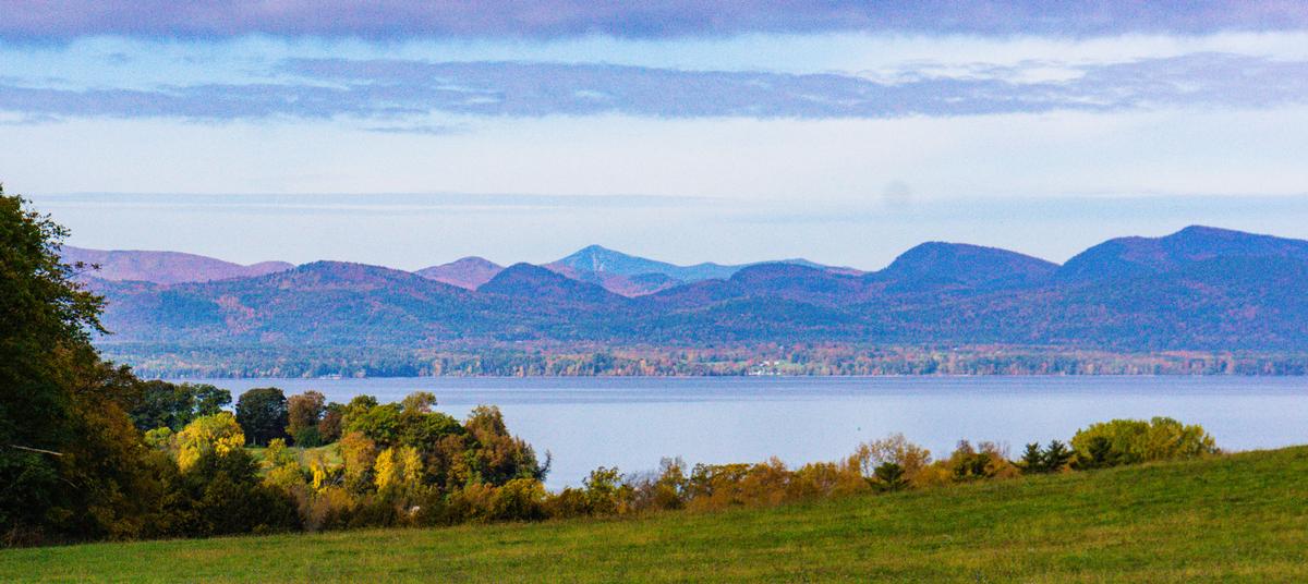 Lake Champlain and the Adirondack Mountains in New York from Shelburne Farms in Vermont
