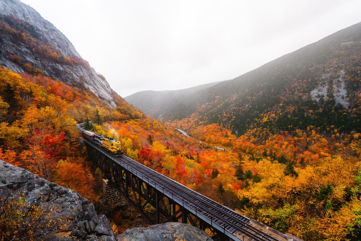Train during fall foliage in North Conway, New Hampshire